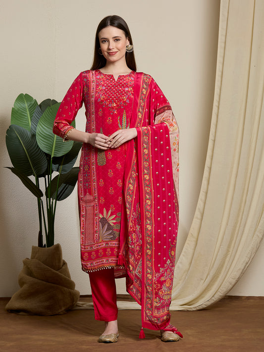 Ethnic Printed & Embroidered Straight Kurta with Pant & Dupatta - Pink