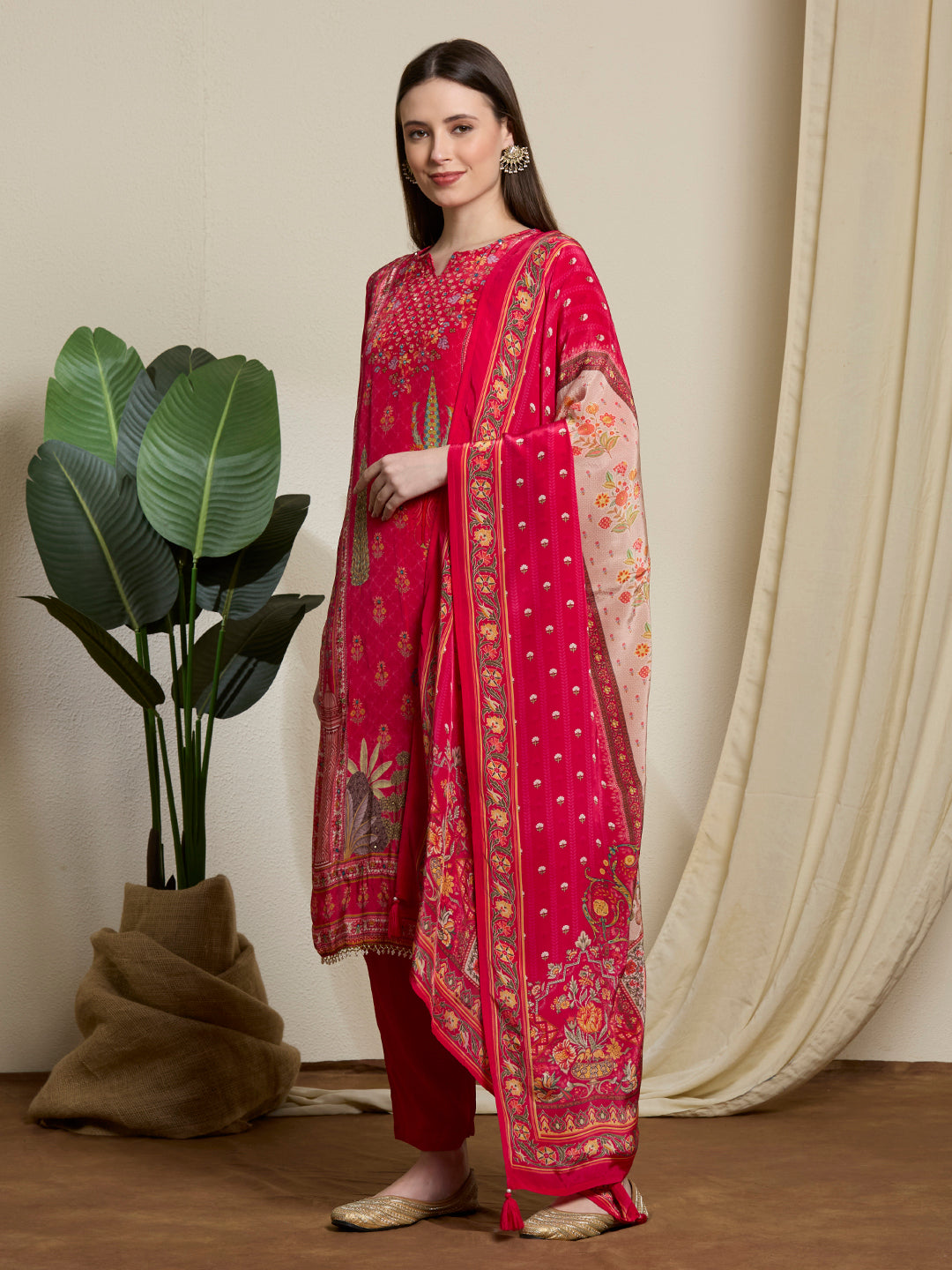 Ethnic Printed & Embroidered Straight Kurta with Pant & Dupatta - Pink