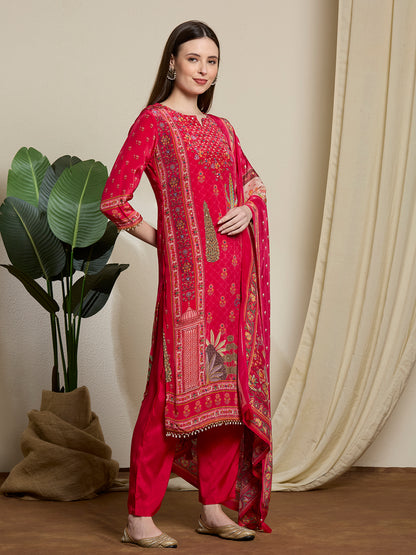 Ethnic Printed & Embroidered Straight Kurta with Pant & Dupatta - Pink