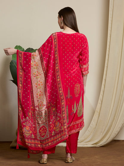 Ethnic Printed & Embroidered Straight Kurta with Pant & Dupatta - Pink