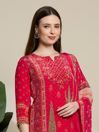 Ethnic Printed & Embroidered Straight Kurta with Pant & Dupatta - Pink