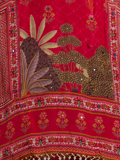 Ethnic Printed & Embroidered Straight Kurta with Pant & Dupatta - Pink