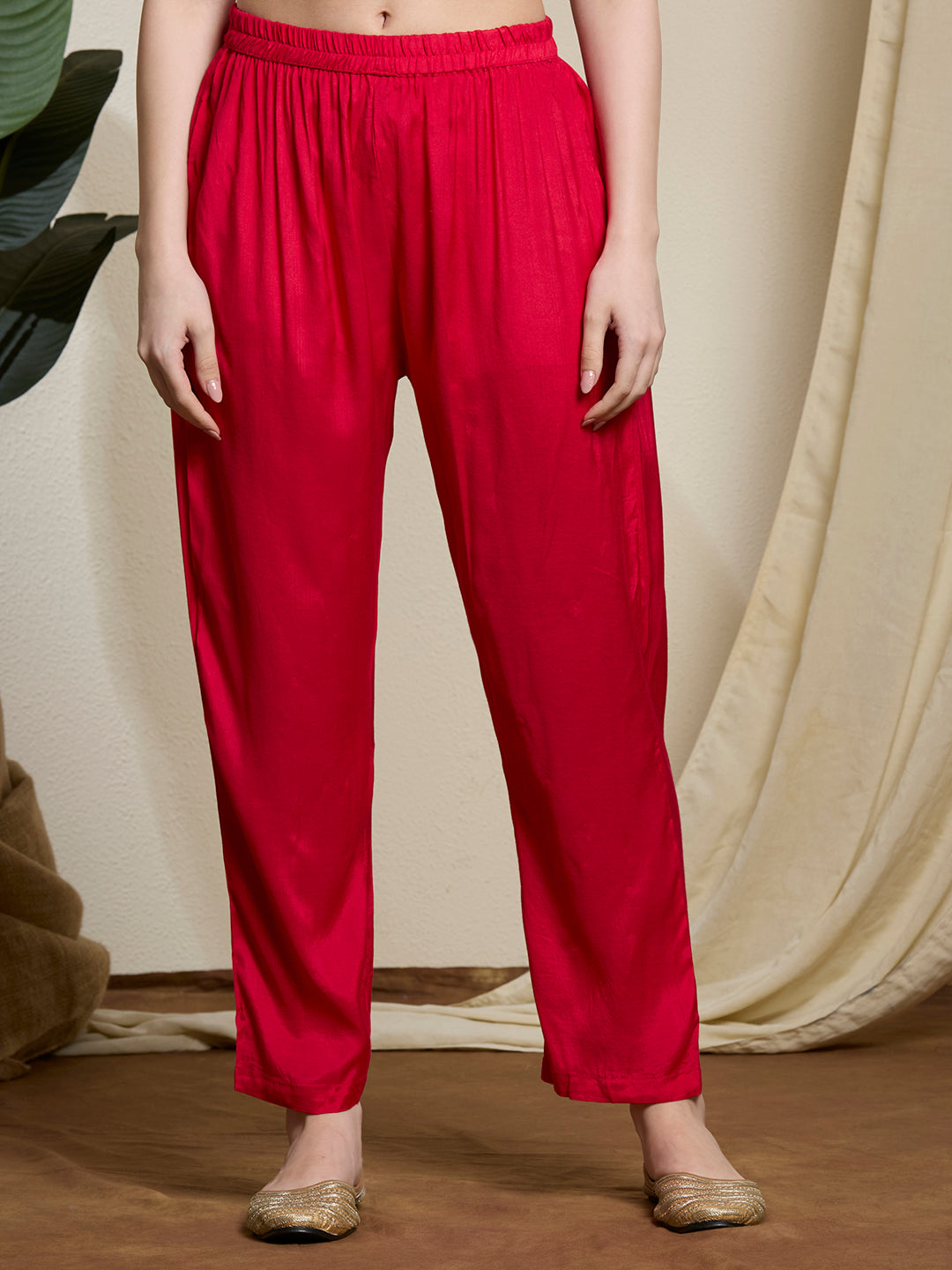 Ethnic Printed & Embroidered Straight Kurta with Pant & Dupatta - Pink