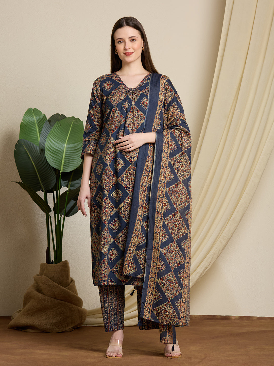 Ethnic Ajrakh Printed Straight Kurta with Pant & Dupatta - Multi