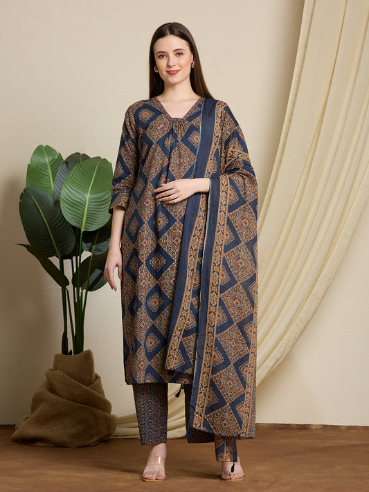 Ethnic Ajrakh Printed Straight Kurta with Pant & Dupatta - Multi