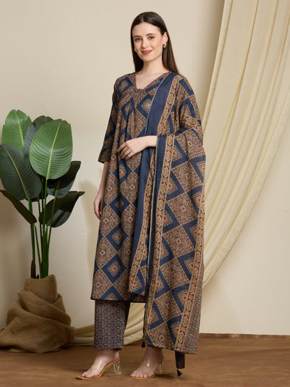 Ethnic Ajrakh Printed Straight Kurta with Pant & Dupatta - Multi