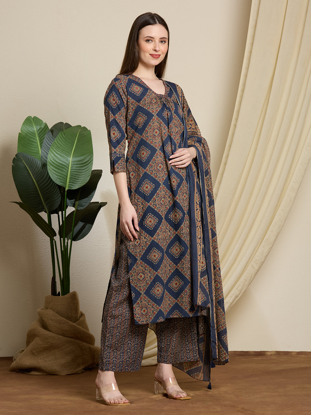 Ethnic Ajrakh Printed Straight Kurta with Pant & Dupatta - Multi