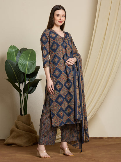 Ethnic Ajrakh Printed Straight Kurta with Pant & Dupatta - Multi