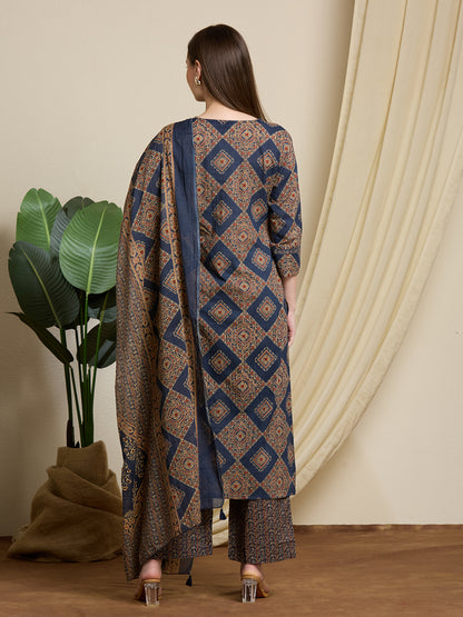 Ethnic Ajrakh Printed Straight Kurta with Pant & Dupatta - Multi