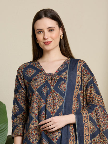 Ethnic Ajrakh Printed Straight Kurta with Pant & Dupatta - Multi