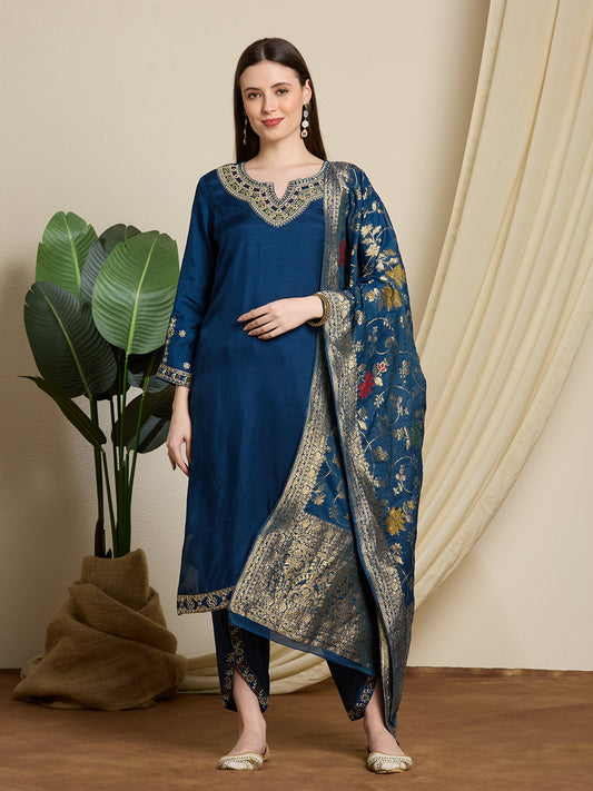 Solid Ethnic Embroidered Straight Kurta with Dhoti & Dupatta - Blue