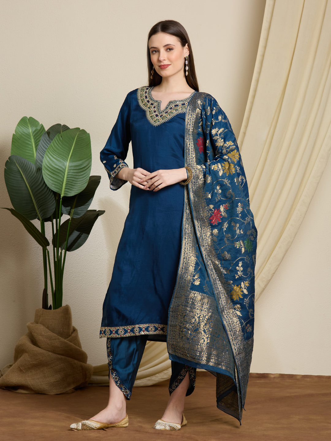 Solid Ethnic Embroidered Straight Kurta with Dhoti & Dupatta - Blue