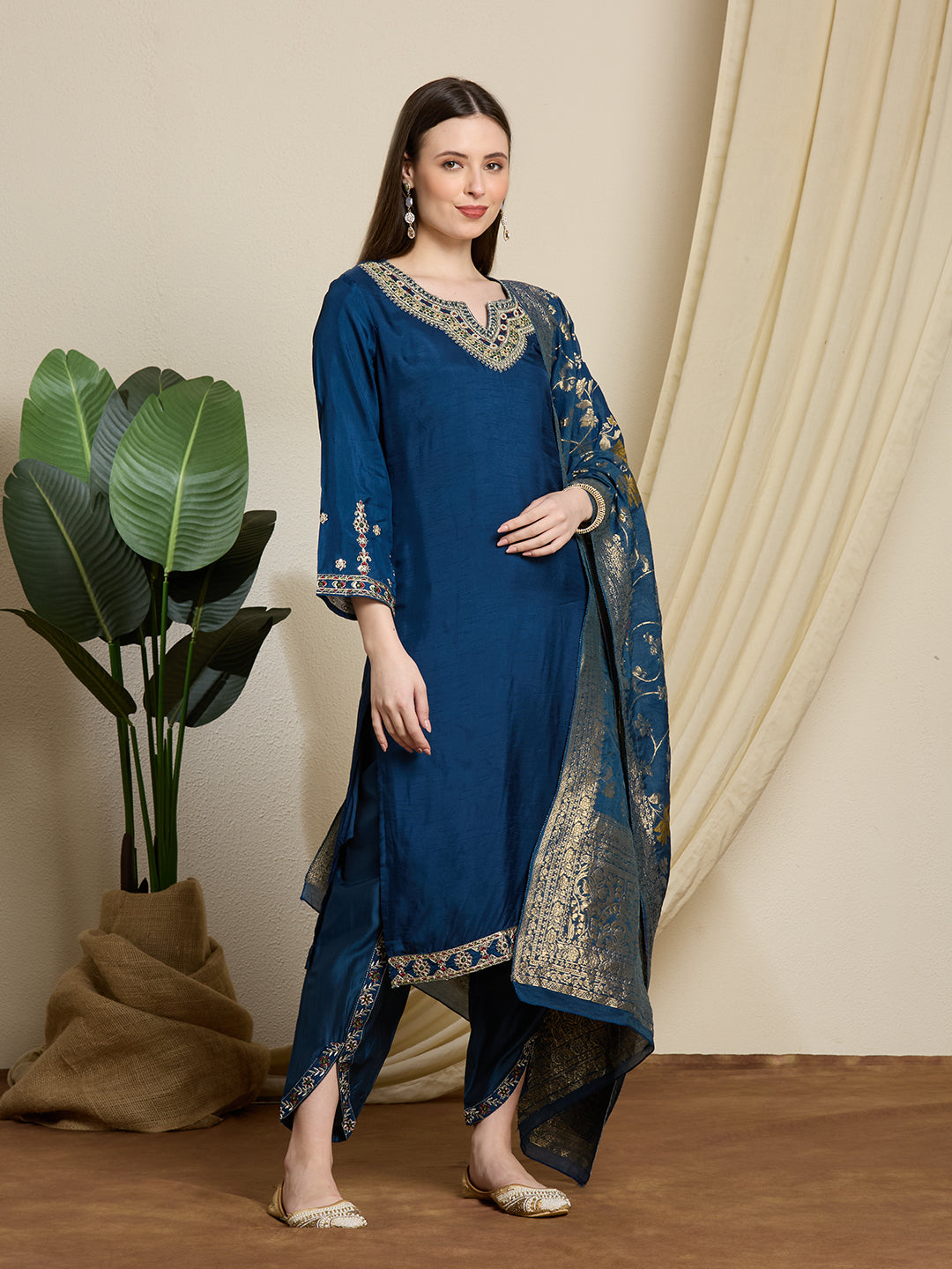 Solid Ethnic Embroidered Straight Kurta with Dhoti & Dupatta - Blue