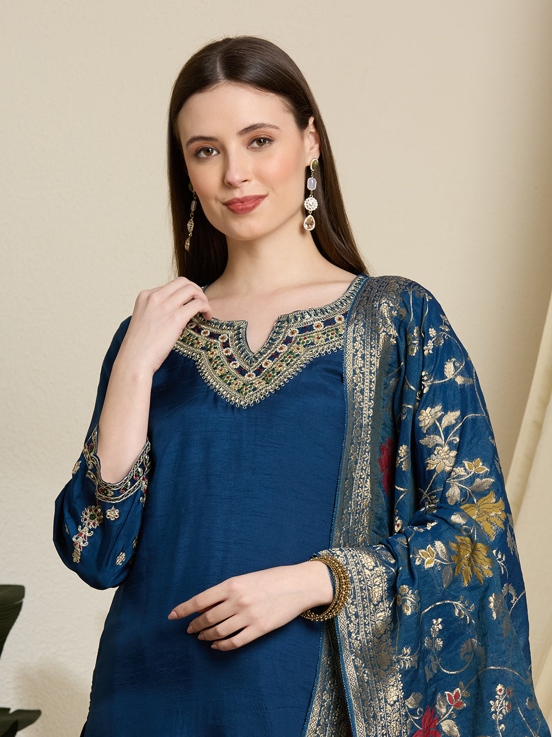 Solid Ethnic Embroidered Straight Kurta with Dhoti & Dupatta - Blue