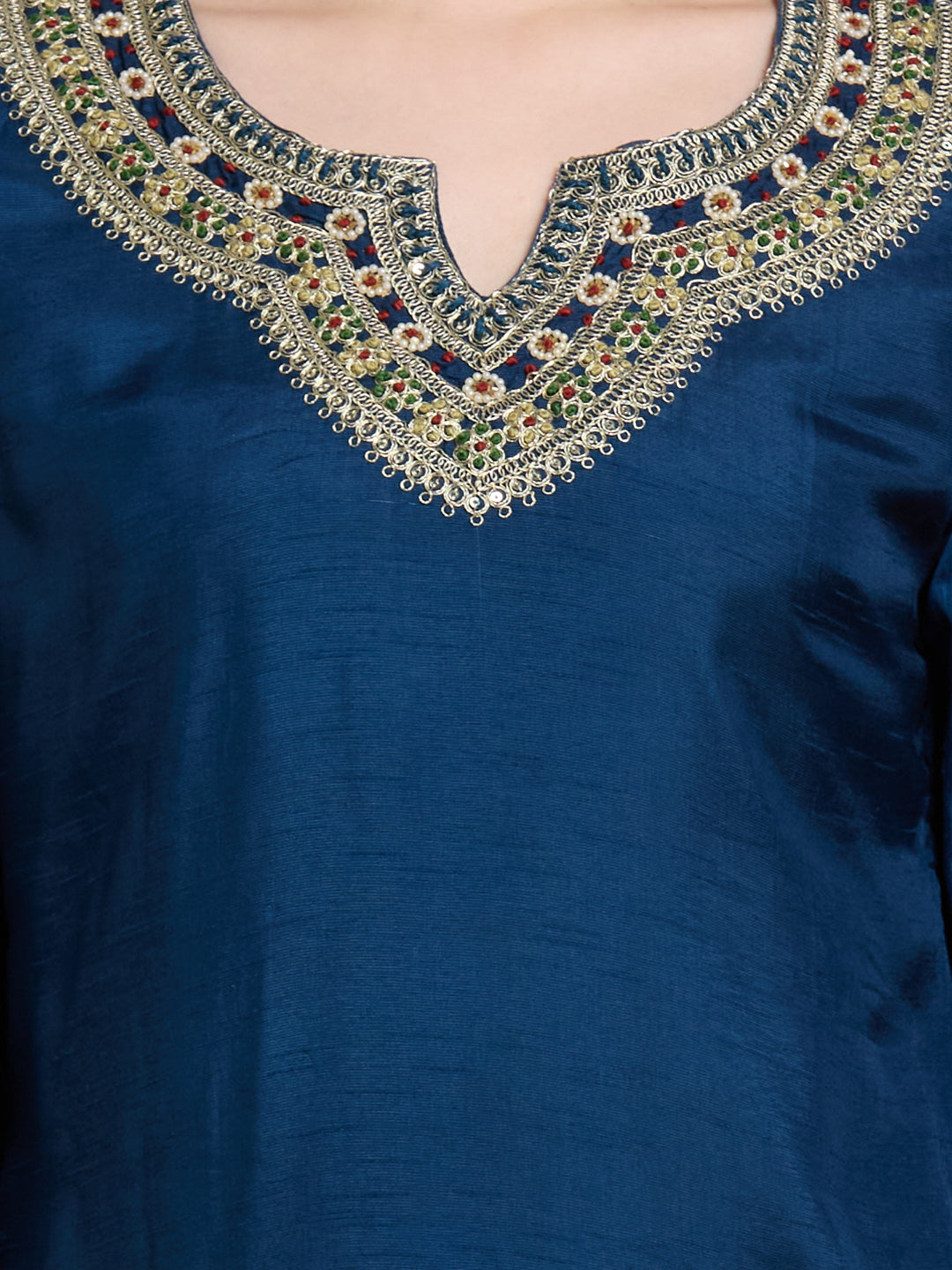 Solid Ethnic Embroidered Straight Kurta with Dhoti & Dupatta - Blue
