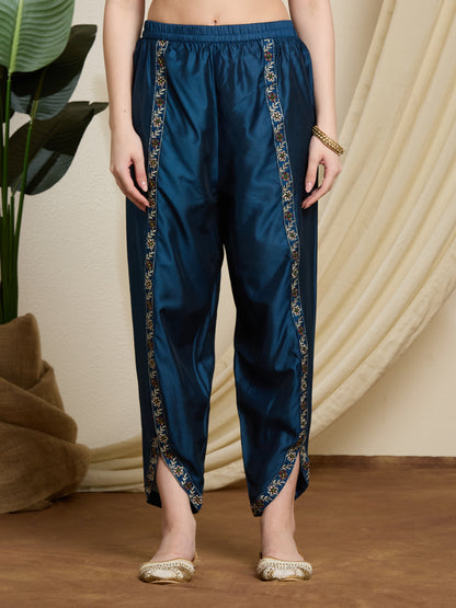 Solid Ethnic Embroidered Straight Kurta with Dhoti & Dupatta - Blue