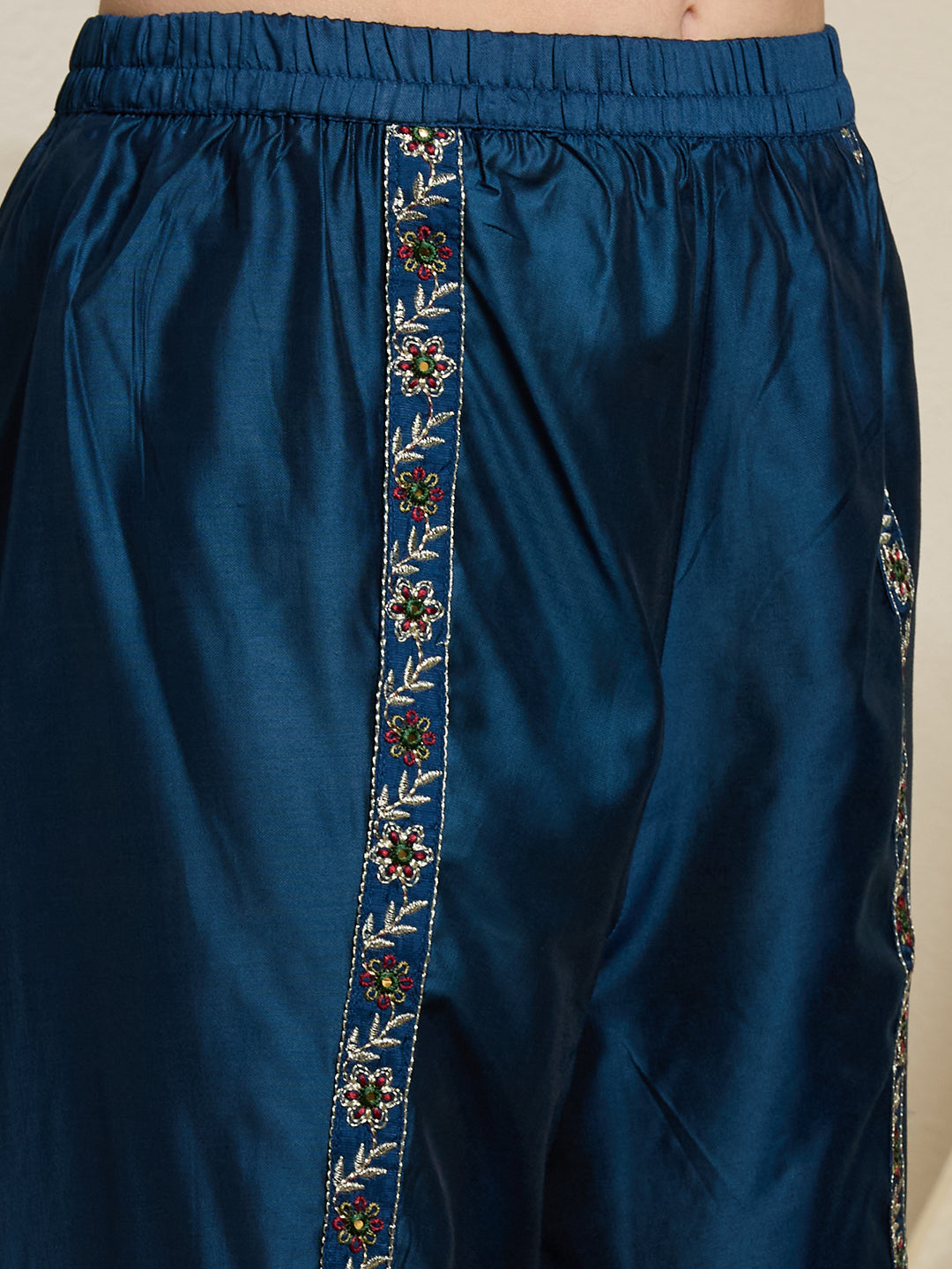 Solid Ethnic Embroidered Straight Kurta with Dhoti & Dupatta - Blue