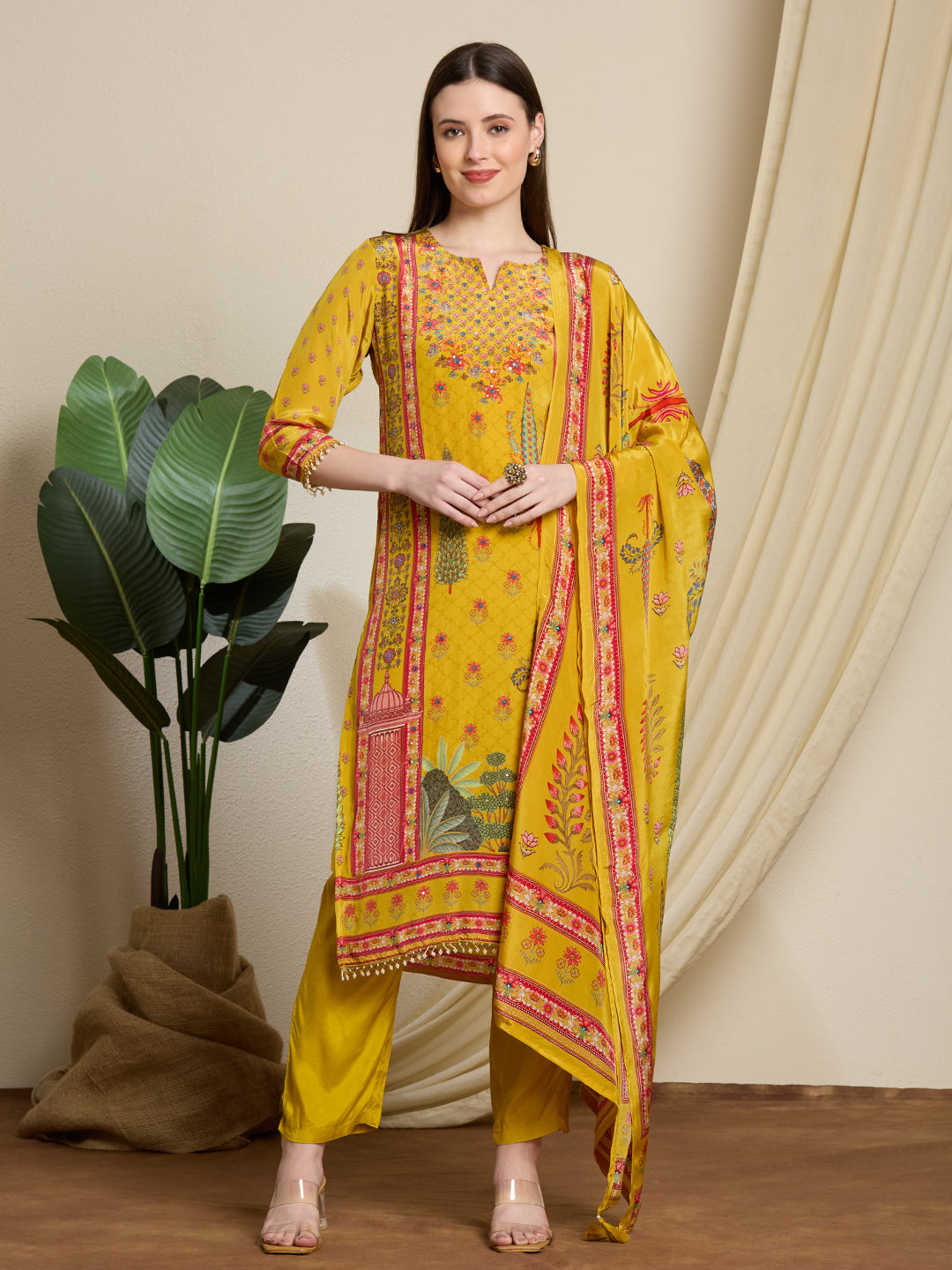 Ethnic Printed & Embroidered Straight Kurta with Pant & Dupatta - Yellow