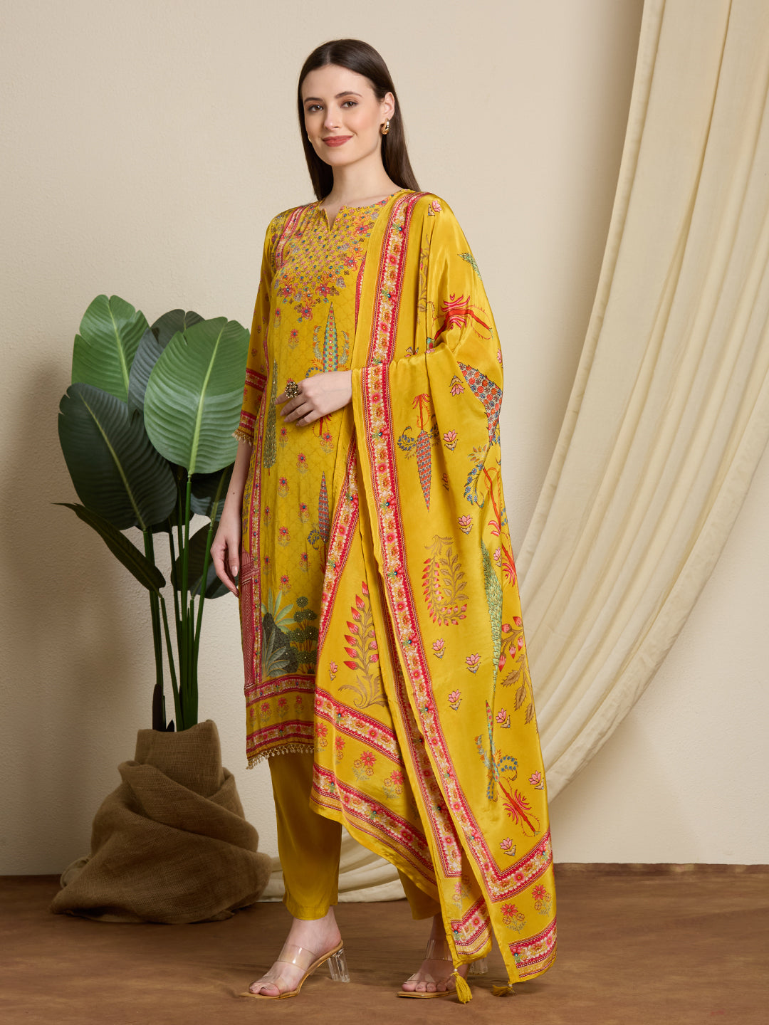 Ethnic Printed & Embroidered Straight Kurta with Pant & Dupatta - Yellow