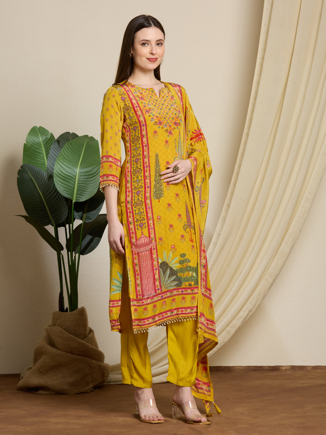 Ethnic Printed & Embroidered Straight Kurta with Pant & Dupatta - Yellow