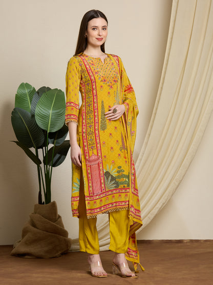 Ethnic Printed & Embroidered Straight Kurta with Pant & Dupatta - Yellow
