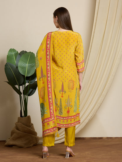 Ethnic Printed & Embroidered Straight Kurta with Pant & Dupatta - Yellow