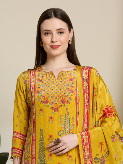Ethnic Printed & Embroidered Straight Kurta with Pant & Dupatta - Yellow