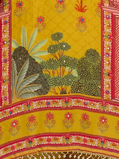 Ethnic Printed & Embroidered Straight Kurta with Pant & Dupatta - Yellow