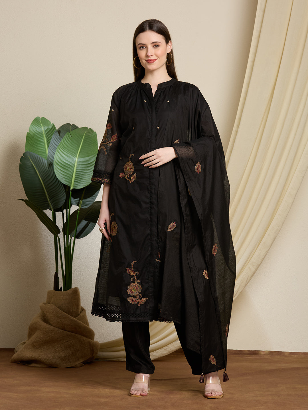 Solid A-Line Floral Embroidered Kurta and Dupatta with Pant - Black