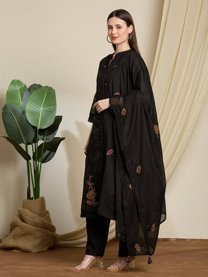 Solid A-Line Floral Embroidered Kurta and Dupatta with Pant - Black