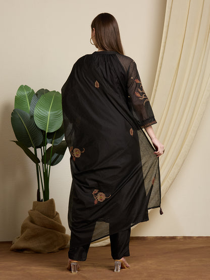 Solid A-Line Floral Embroidered Kurta and Dupatta with Pant - Black