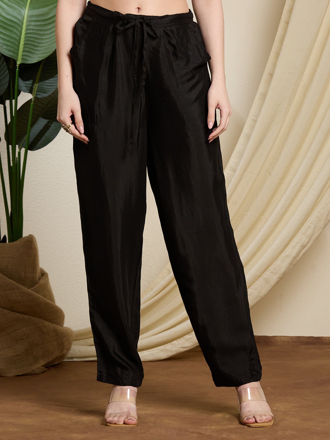 Solid A-Line Floral Embroidered Kurta and Dupatta with Pant - Black