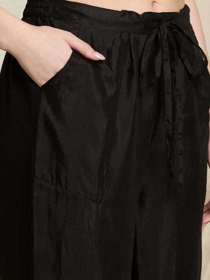 Solid A-Line Floral Embroidered Kurta and Dupatta with Pant - Black