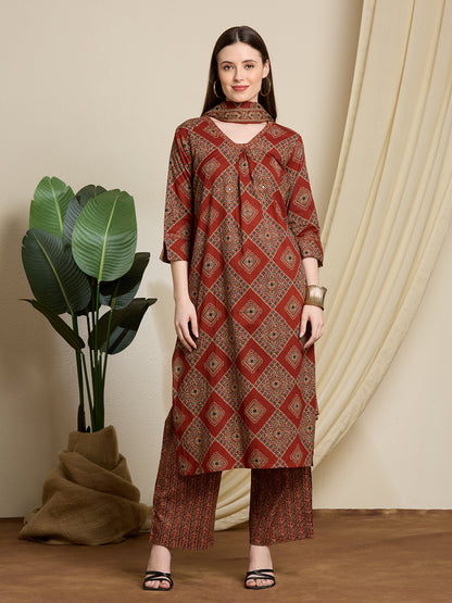Ethnic Ajrakh Printed Straight Kurta with Pant & Dupatta - Rust
