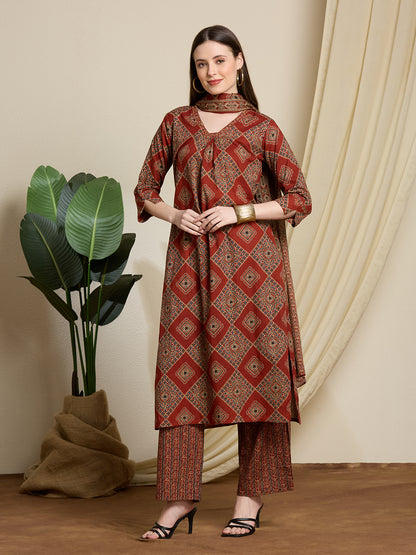 Ethnic Ajrakh Printed Straight Kurta with Pant & Dupatta - Rust