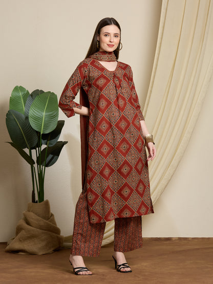 Ethnic Ajrakh Printed Straight Kurta with Pant & Dupatta - Rust