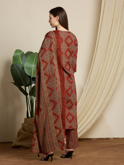 Ethnic Ajrakh Printed Straight Kurta with Pant & Dupatta - Rust