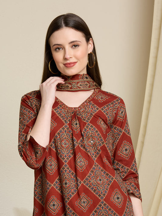 Ethnic Ajrakh Printed Straight Kurta with Pant & Dupatta - Rust