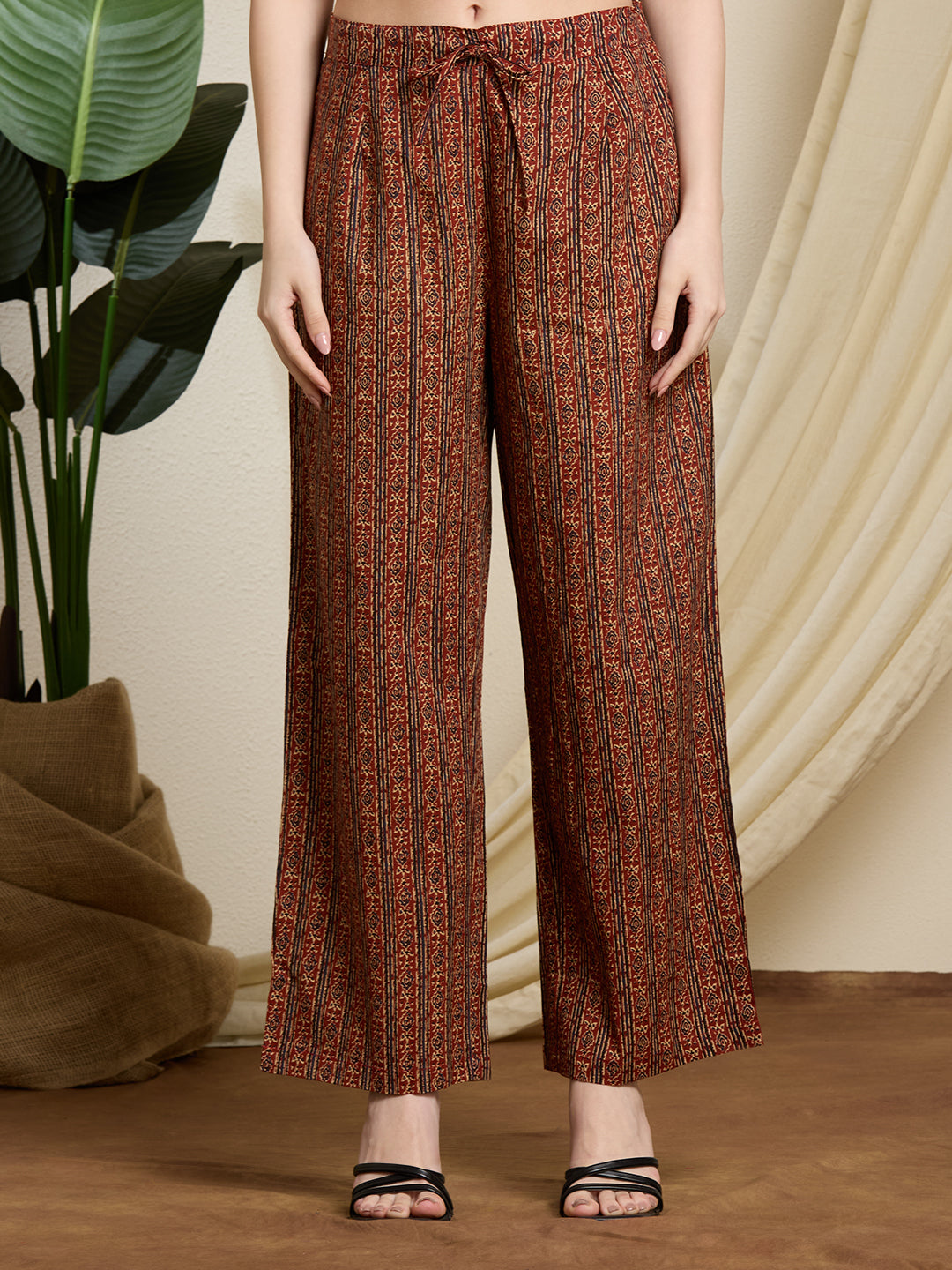 Ethnic Ajrakh Printed Straight Kurta with Pant & Dupatta - Rust