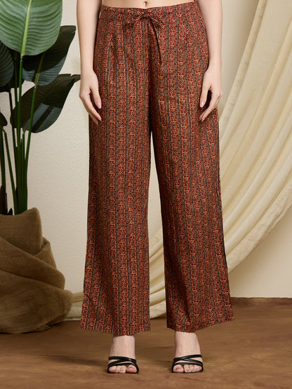 Ethnic Ajrakh Printed Straight Kurta with Pant & Dupatta - Rust