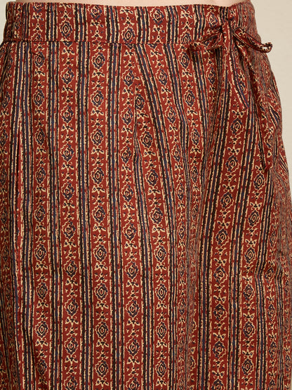 Ethnic Ajrakh Printed Straight Kurta with Pant & Dupatta - Rust