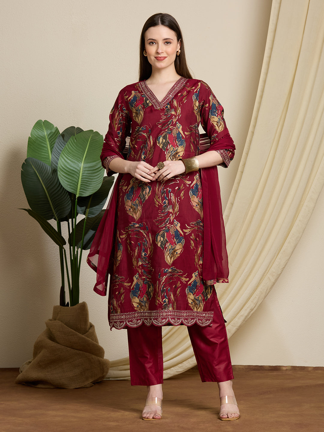 Floral Foil Printed Straight Kurta with Pant & Dupatta - Maroon