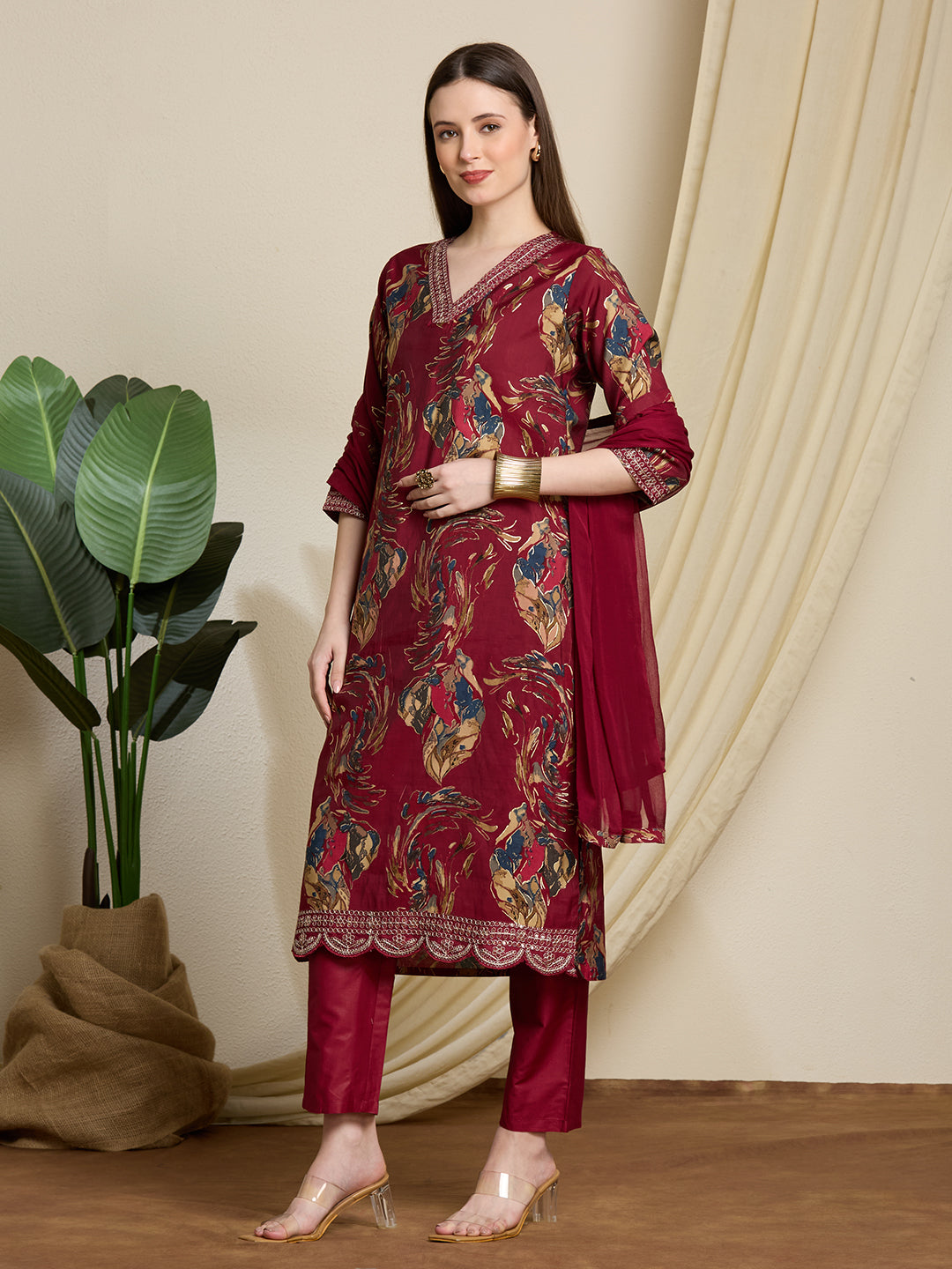 Floral Foil Printed Straight Kurta with Pant & Dupatta - Maroon