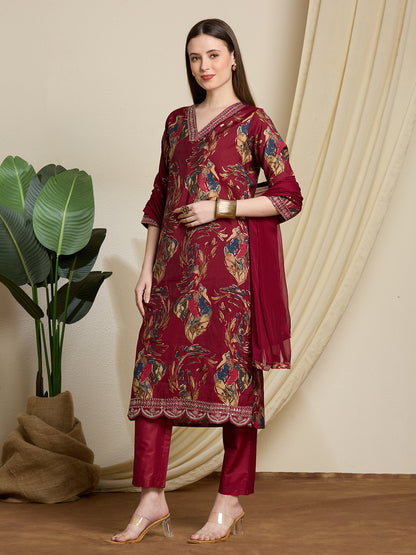 Floral Foil Printed Straight Kurta with Pant & Dupatta - Maroon