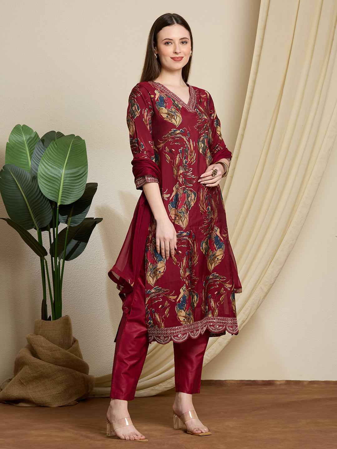 Floral Foil Printed Straight Kurta with Pant & Dupatta - Maroon