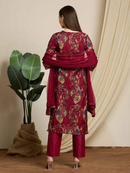 Floral Foil Printed Straight Kurta with Pant & Dupatta - Maroon