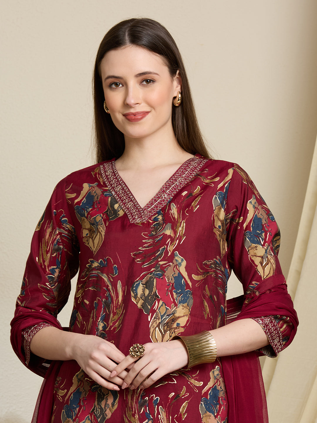 Floral Foil Printed Straight Kurta with Pant & Dupatta - Maroon