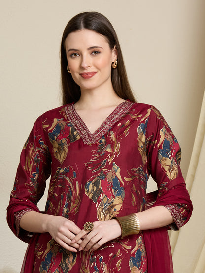Floral Foil Printed Straight Kurta with Pant & Dupatta - Maroon