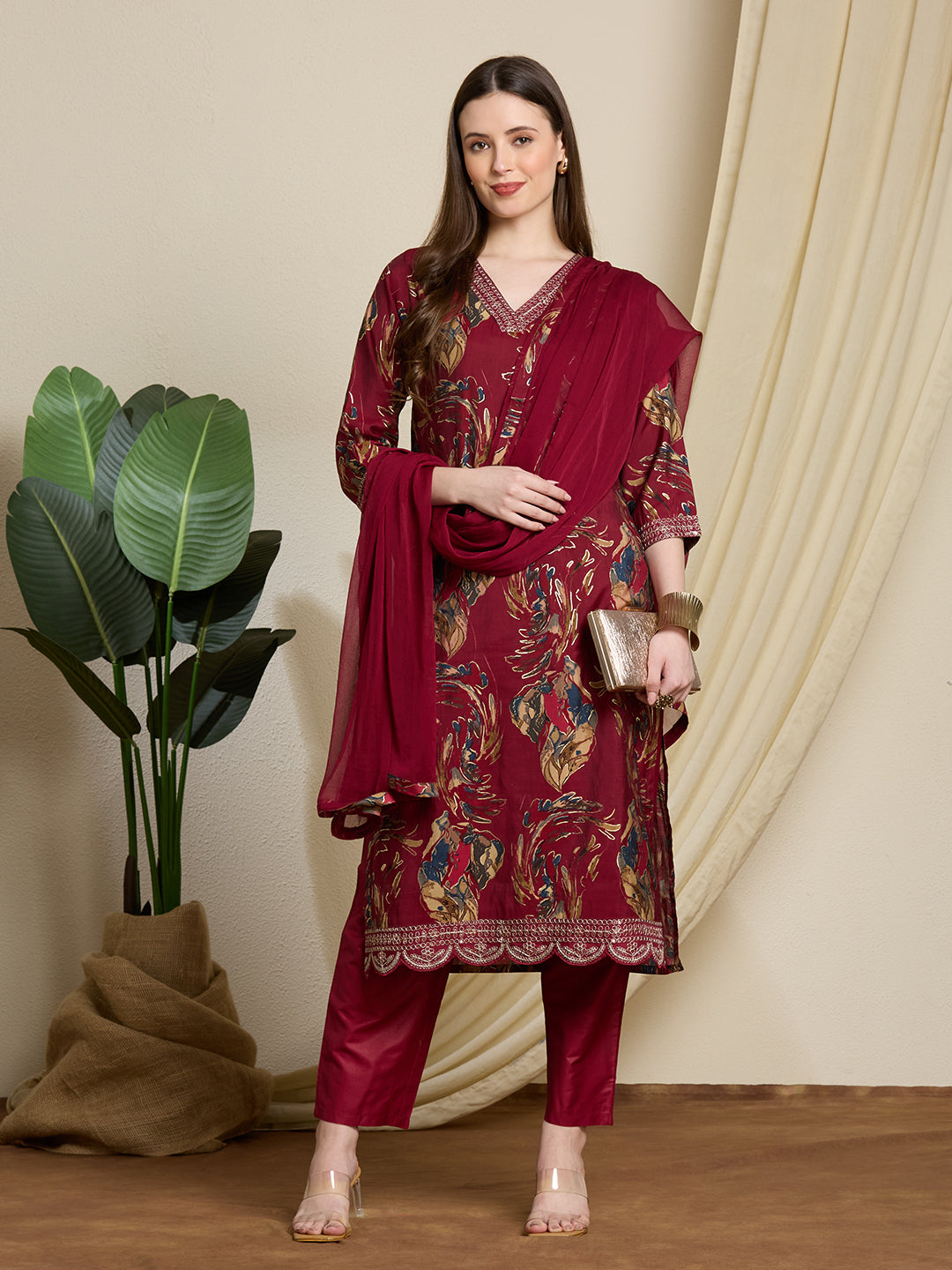 Floral Foil Printed Straight Kurta with Pant & Dupatta - Maroon