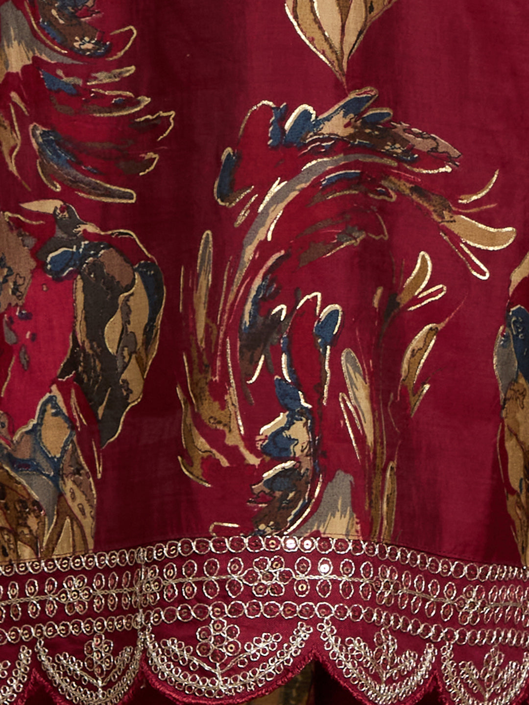 Floral Foil Printed Straight Kurta with Pant & Dupatta - Maroon